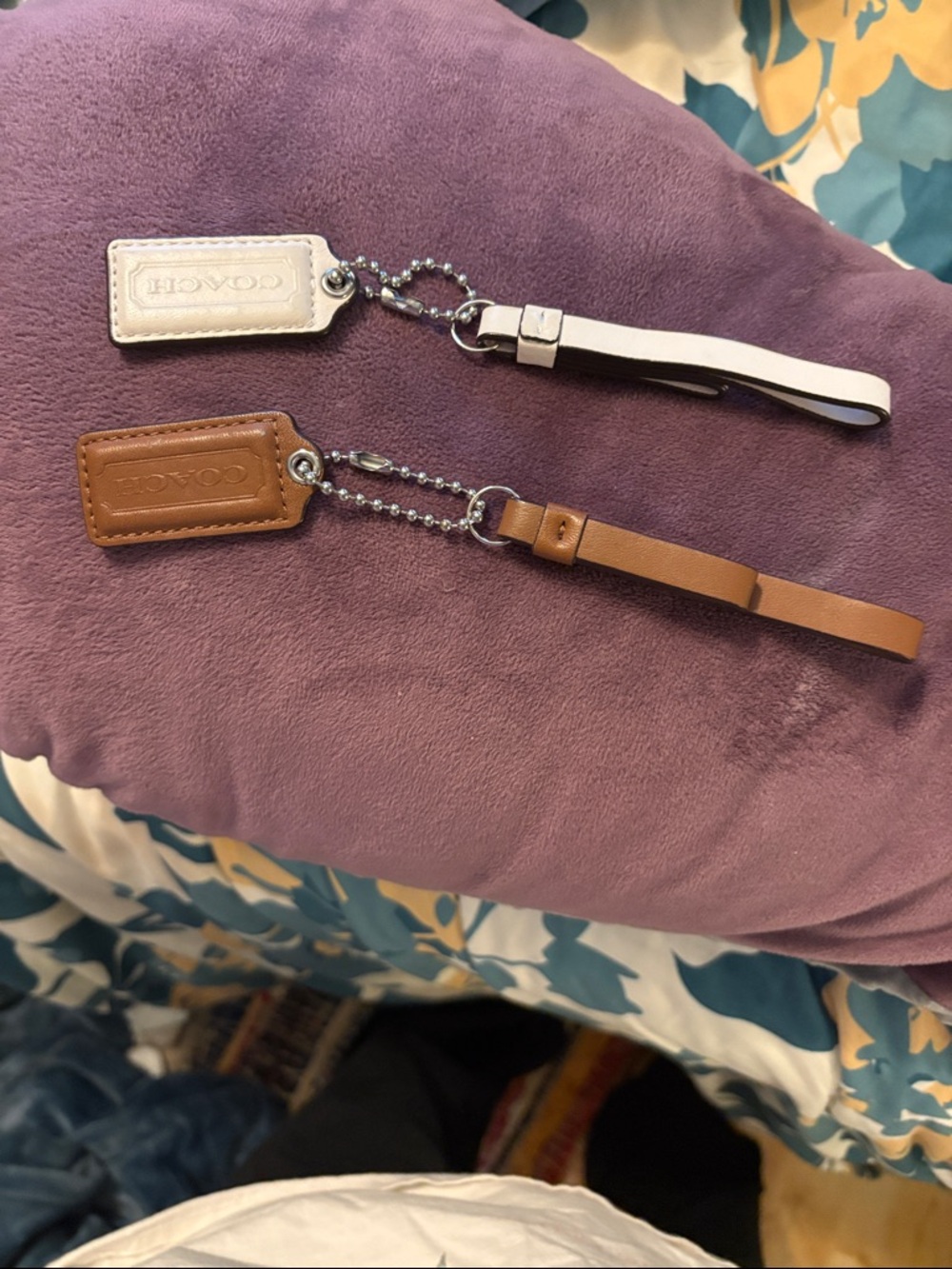 Coach Leather Wristlet Keychain Set in White and Tan